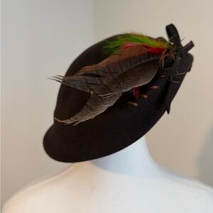Vintage Dark Brown Wool  Hat with Feather Accent